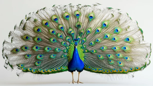 A striking peacock background featuring vivid blue and green feathers set against a soft, minimalist pale backdrop.