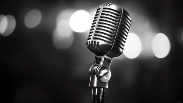 A studio microphone with crisp textures and shallow depth, Minimalist black and white music wallpaper 4K.
