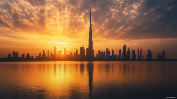 A stunning city skyline featuring elegant buildings, gentle water reflections, and a golden sunset glow.