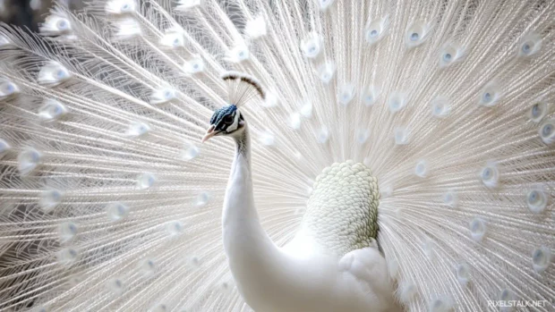 A stunning image of a white peacock in motion, spreading pale feathers dramatically.