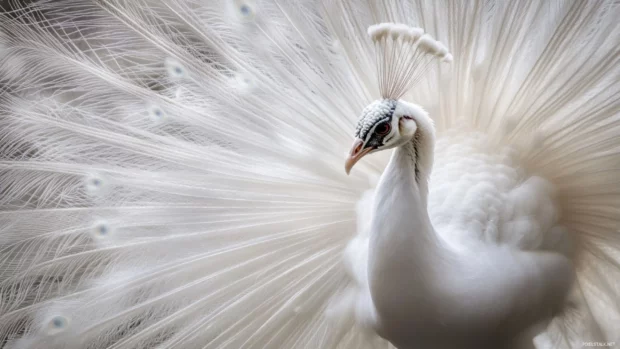A stunning image of a white peacock in motion, spreading pale feathers dramatically.