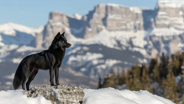 A stunning mountain wolf background with a black wolf silhouetted against snowy peaks.