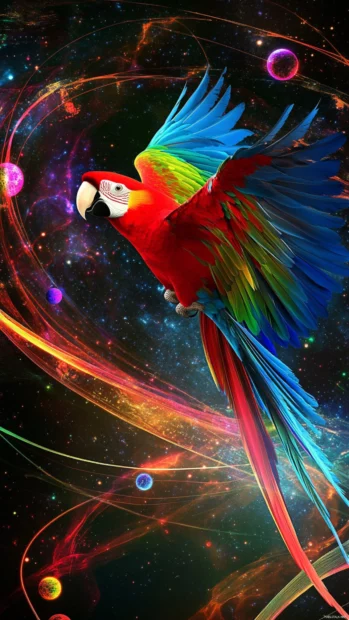 A stunning parrot in flight, surrounded by radiant orbs in space.