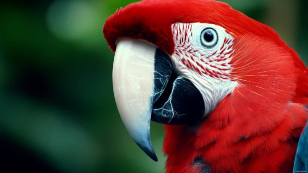 A stunning portrait of a macaw with focused eyes and layered feathers.