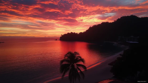A stunning tropical sunset with palm trees silhouetted against a vibrant sky.