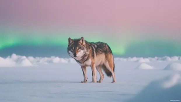 A stunning view of a lone wolf beneath waves of green, pink, and blue auroras.