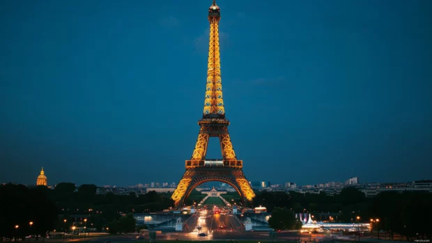 A stunning view of the Eiffel Tower at dusk, with the city lights twinkling in the background.