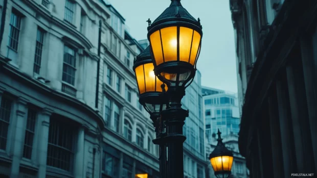 A stylish cityscape featuring contemporary buildings, creative street lights, and a moody vibe.