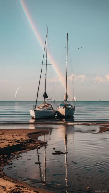 A stylish preppy beach with a rainbow.