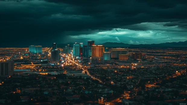 A stylish view of Las Vegas from a high vantage point, capturing the expansive city lights and the contrast between the neon and the dark sky (3).