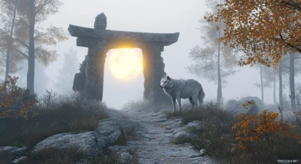 A stylized 3D scene where a digital wolf stands beneath a glowing archway surrounded by fog.
