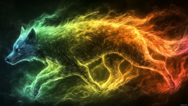 A stylized Neon wolf wallpaper showing the creature body forming from rainbow light beams.