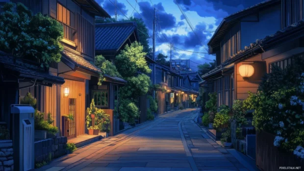 A stylized anime city wallpaper with graceful lines and smooth, blended hues.