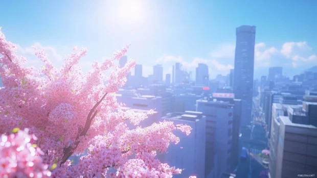 A stylized anime city with clean lines and a focus on a bright, clear horizon.