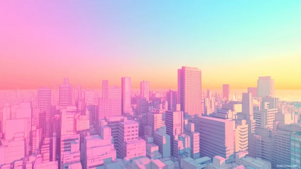 A stylized anime city with geometric forms and a smooth gradient of tranquil colors.
