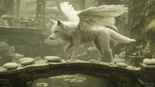 A stylized anime wolf with ethereal wings walking across a bridge of floating stones.