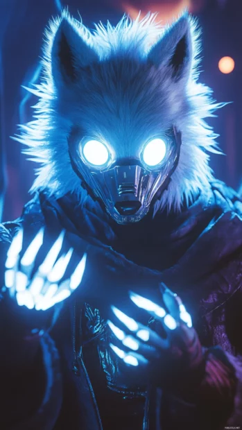 A stylized awesome wolf iPhone wallpaper with glowing claws and a torn cyber mask under glitchy lights.
