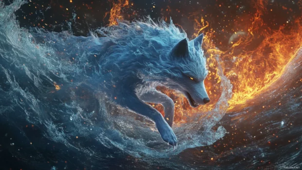 A stylized blue and white wolf howling against abstract waves of energy and fire.