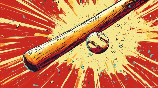 A stylized cartoon baseball bat hitting a ball, surrounded by energetic comic style action lines, hand drawn textures.