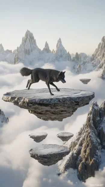 A stylized dark wolf jumps across floating stone ledges among clouds and peaks.