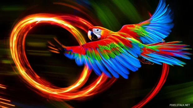 A stylized digital artwork of a neon colored parrot flying through glowing rings.