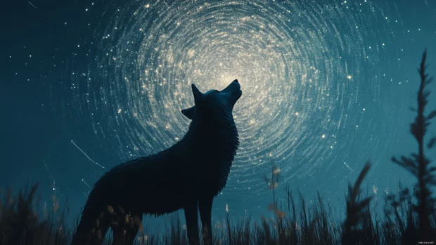 A stylized digital wolf stands before a vortex sky made of constellations.