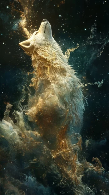 A stylized fantasy wolf appears to rise into the stars in a vertical magical scene.