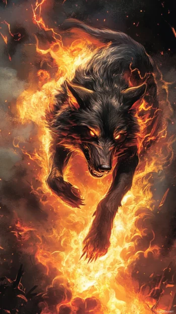 A stylized fiery wolf racing along a vertical path of lava and smoke.