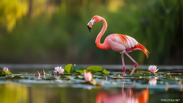 A stylized flamingo on one leg beside lily pads, with soft reflections.