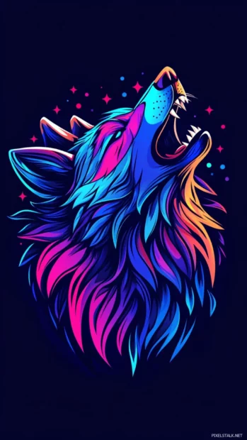 A stylized howling wolf wallpaper with dramatic light contrast and stars above.