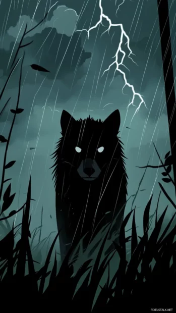 A stylized iPhone scene of a black wolf surrounded by storm clouds and lightning arcs.