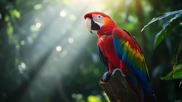 A stylized image of a macaw illuminated by sunset light on a rainforest perch.