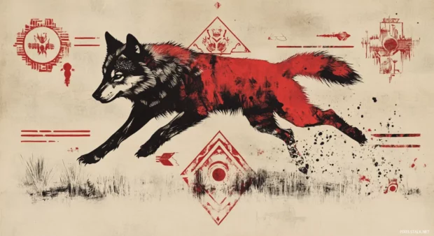 A stylized ink drawing of a red wolf mid leap, surrounded by ancient symbols.