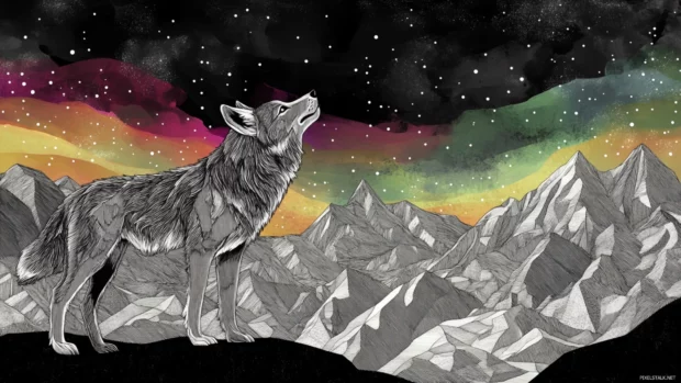 A stylized line art wolf layered over aurora patterns and abstract geometry.