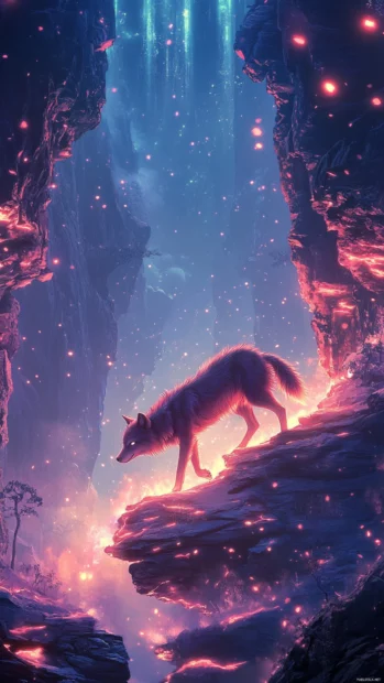 A stylized lone wolf iPhone background with glowing particles trailing behind as it walks across a vertical canyon.