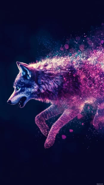 A stylized neon wolf in mid run with pixel particles exploding behind.