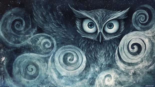 A stylized owl drawn entirely in swirls and circles resting under the stars.