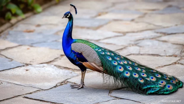 A stylized peacock captured with high contrast lighting in a minimalist stone courtyard.