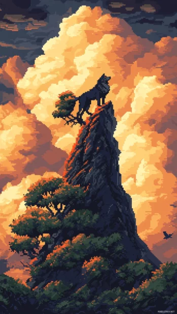 A stylized pixel art wolf climbing a digital mountain.