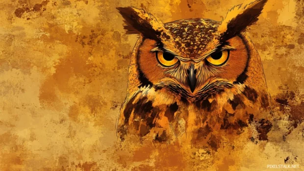 A stylized portrait with golden paint tracing the curves of the owl facial disk.