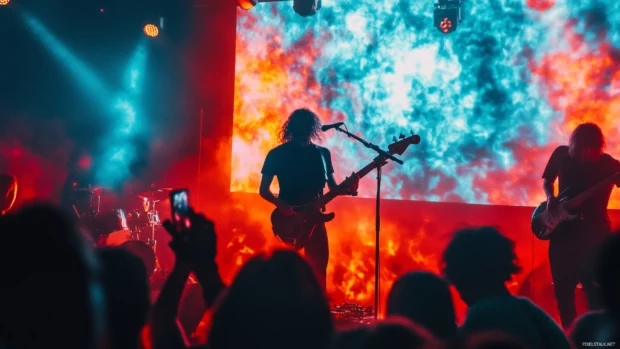 A stylized representation of a rock concert scene with abstract shapes, vibrant colors, and sound waves radiating from an invisible stage, capturing the energy of live music.