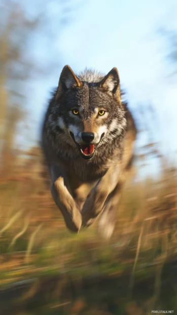 A stylized sprinting wolf under bright blue sky, vertical layout with blur effects.