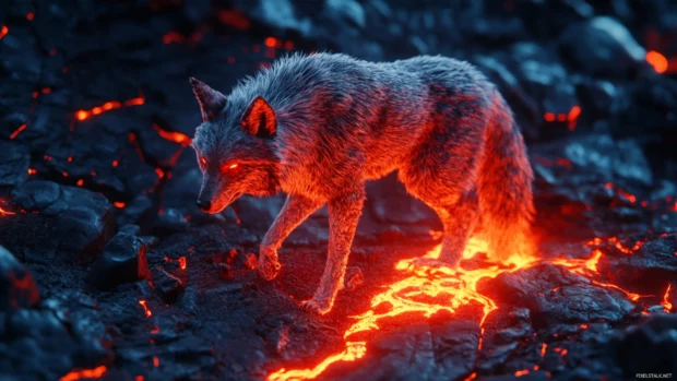 A stylized tribal lone wolf glowing red while walking along a lava crack.