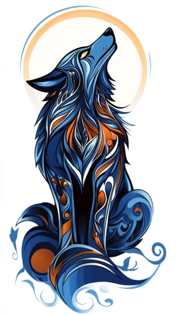 A stylized tribal wolf howling as the moon reflects off its glowing fur.