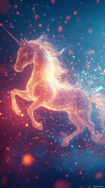 A stylized unicorn forming from magical lines of light.