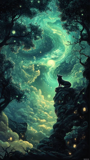 A stylized vertical view of a wolf bathed in aurora light in a magical dreamscape.