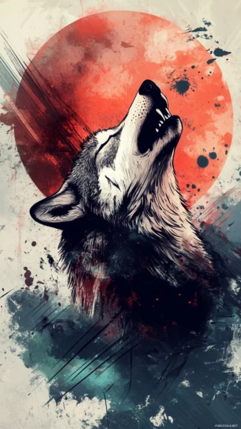 A stylized wolf howling at a moon of splashes, lines and abstract texture.