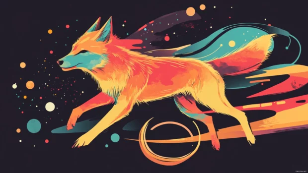 A stylized wolf with a cosmic body running through space rings.
