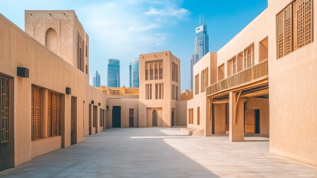 A subtle Dubai cityscape highlighting the traditional architecture of old Dubai alongside modern skyscrapers .
