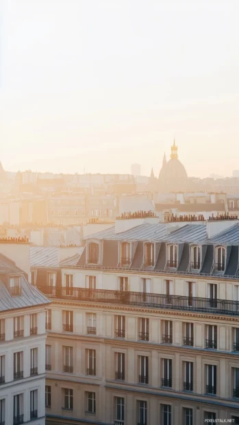 A subtle Parisian skyline at dusk with soft lighting and minimal detail.